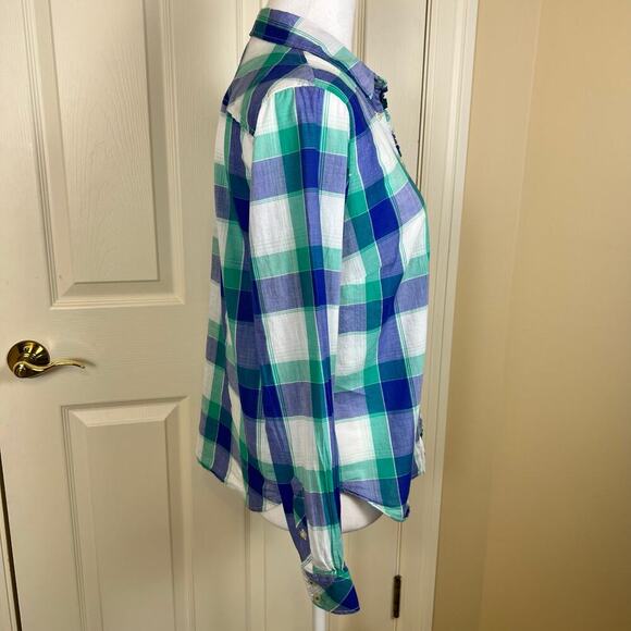 Talbots Spring Plaid Button Down Shirt Ruffle Size Medium Petite EUC - Picture 2 of 6